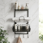 Metal wall shelf with hooks