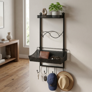 Space- Saving Metal Wall Shelf with Hooks – Durable, Stylish & Smart Storage Solution