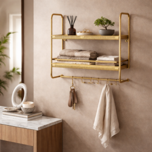 Golden Metal Wall Shelf with Hooks