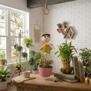 metal hanging boy planter pot